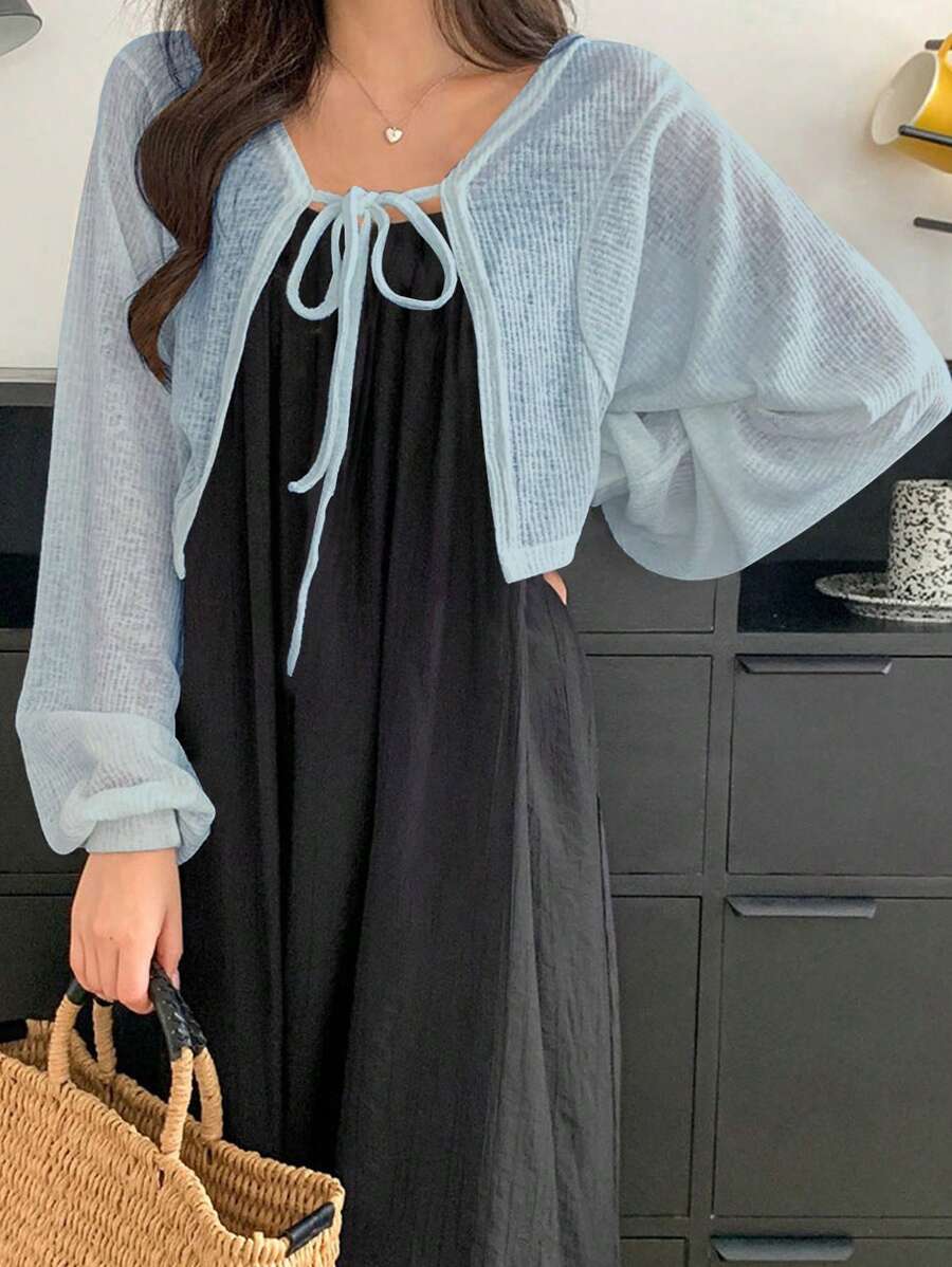 DAZY 女式前开腰带纯色T恤，适合夏季分层穿着，学院风上衣，长袖女式上衣