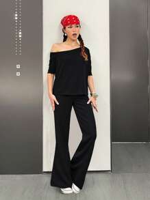 SHEIN Teen Girl Fitted Casual Solid Color Off Shoulder T-Shirt And Flared Long Pants Set