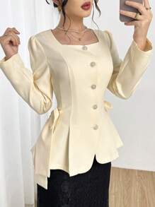 Modelyn 女士优雅方领长袖蝴蝶结腰部郁金香下摆西装外套