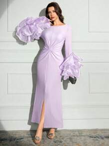 Modelyn Women's Solid Color Round Neck Layered Ruffle Trim Sleeve Slit Hem Fitted Elegant Dress,Bodycon Dress - Purple - View 4