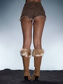 MUSERA Lace Up Denim Frayed Mini Shorts Summer Sexy Festival Holiday Ibiza Rave Boho Vacation Washed Denim Escapade Going Out Night Out Raw Edge Casual Fall Autumn Winter Grunge Party Chic Spring - Brown - View 4