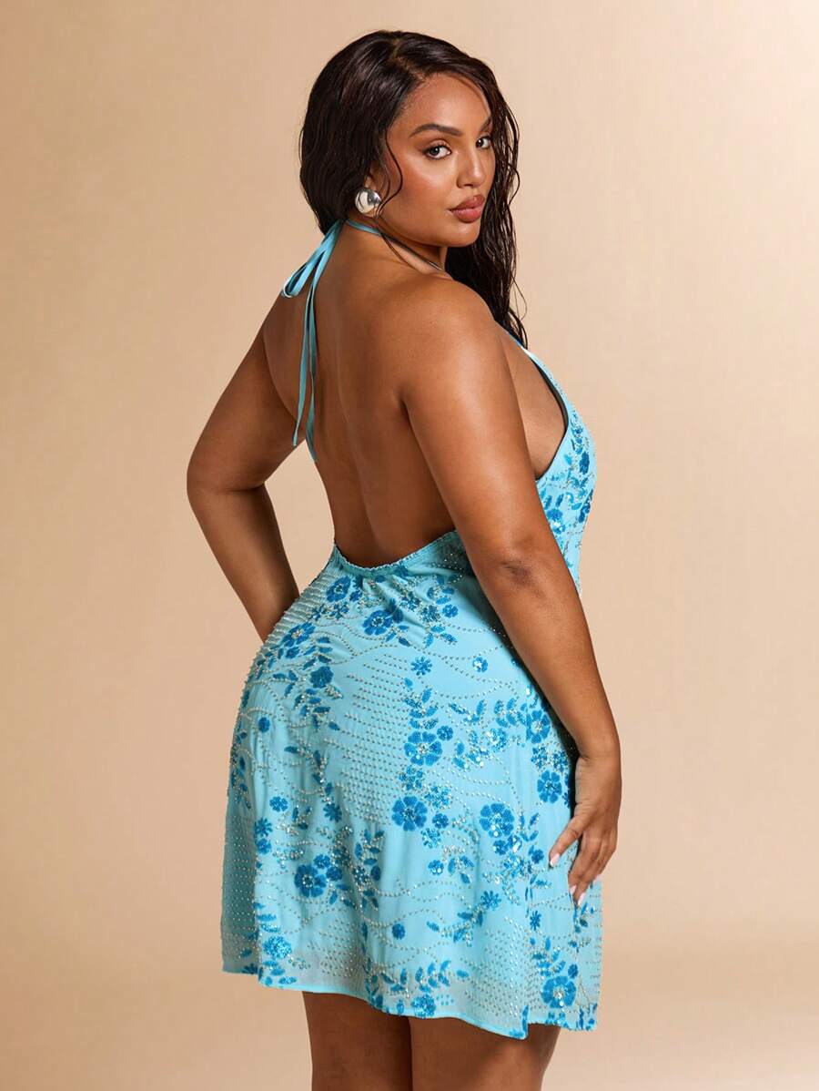 SHEIN BAE Novo Vestido Halter Bordado com Cristais e Lantejoulas para Praia, Férias e Verão - Azul - Visão 1