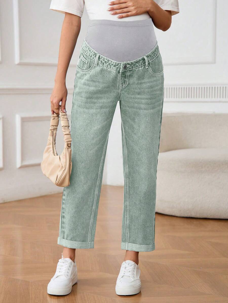 SHEIN Jeans lavados de cintura alta con bloqueo de color, corte relajado, para maternidad - Verde militar - Ver 1