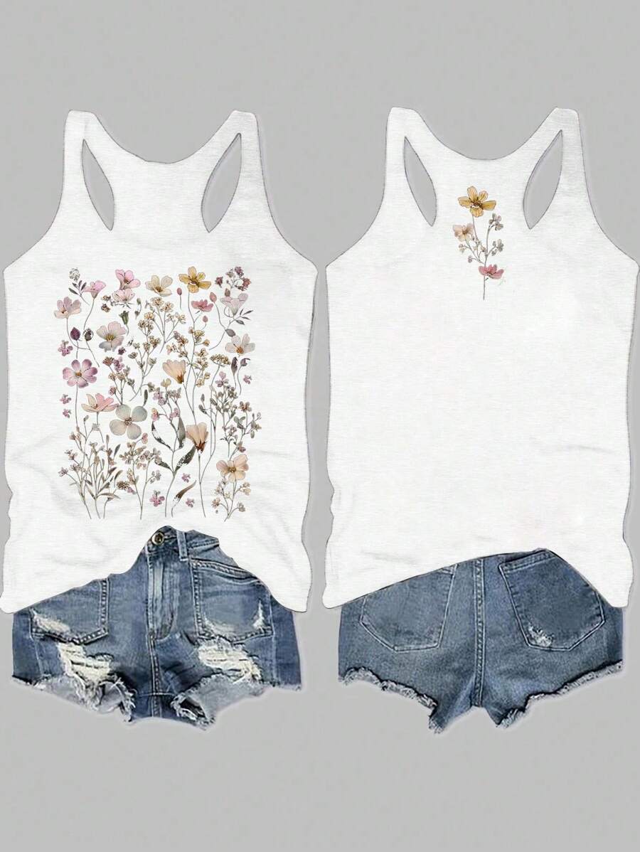 SHEIN LUNE 女式休闲花卉印花无袖背心，略显透明，夏季