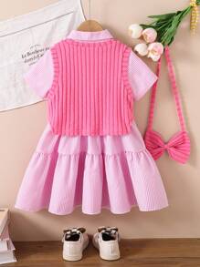 SHEIN Playful Pals Girls' Striped Woven Shirt Dress With Knit Fleece Vest, Embroidered English Text, Crochet Floral Accent Dress, Suitable For Everyday, Vacation, Party, Back To School