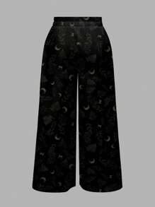ROMWE Quần dài màu đen in hình mặt trăng và lá theo phong cách Hippie Gothic dành cho nữ - màu đen - Xem 2