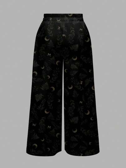 Goth Loose Gothic Moon & Leaf Print Casual Hippy Style Women Black Pants