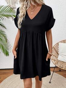 SHEIN LUNE Women's Solid V-Neck Batwing Sleeve Casual Pocket Summer Dress - Black - View 6