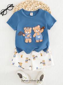 Cozy Pixies حزمة من قطعتين زي رضيع صبي بتصميم الدب الكرتوني الصوف الناعم و الجسم المحبوك قطعة رومبر وشورت الخصر المطاطي - متعدد الألوان - مشاهدة 4