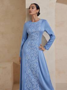 Graceveil Women's Woven Jacquard Patchwork Long Sleeve Slim Fit Sheath Dress - Blue - View 1