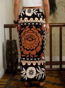 Travachic Plus Size Women's Black Print Long Wrap Tie Waist Bowknot Boho Beach Maxi Skirt Vacation Vacay Beach Holidays Summers City Breaks Boho Chic Boho Style European Summer Island Vacations Honeymoons Birthday Old Money South Beach Santorini Greece Amalfi Coasts Ibiza Island Girl Plus Brunch Airport Club - Black - View 2