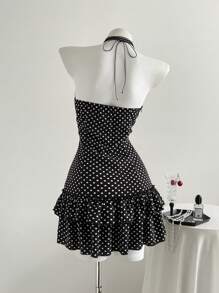 SHEIN Unity Women's Polka Dot Print Fitted Ruffle Hem Mini Dress, Holiday Resort Style - Black - View 3