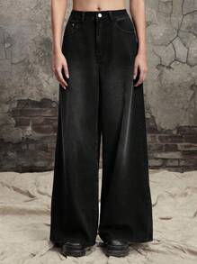 ROMWE Grunge Punk Punk Distressed Oversized Cross & Vine Printed Straight Leg Extra Long Jeans - Black - View 3