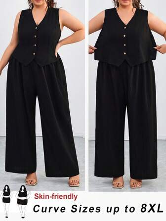 SHEIN CURVE+ Conjunto informal de talla grande para vacaciones, temporada de graduación, vuelta al colegio de chaleco blazer + pantalones / camisetas gráficas