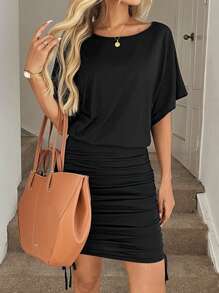 Easowa Solid Drawstring Side Batwing Sleeve Ruched Dress - Black - View 4