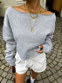 SHEIN EZwear Áo nỉ ngắn hở vai thời trang dành cho nữ, thích hợp mặc khi tập thể dục, khiêu vũ, mặc thường ngày, áo nỉ dài tay cổ tròn dáng rộng cho mùa thu/đông - Nhiều màu - Xem 4