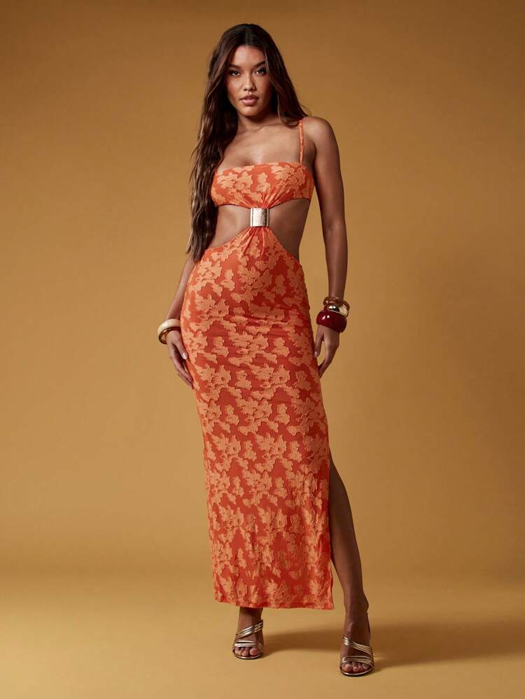 MISSGUIDED Cut Out Maxi Dress Floor Length Sleeveless Bodycon Evening Gown With Gold Metal Buckle Detail Formal Party Occasion Wear