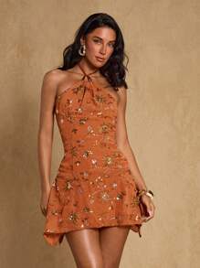 Glamine Women's Orange Sequined Sexy Mini V-Neck Asymmetrical Hem Holiday Party Dress, Sleeveless Burnt Orange Dresses Orange Dresses For Women  For Summer Beach Vacations Terracotta Dress Orange Floral Dress Sequin Dress Burnt Orange Dresses For Woman Halloween