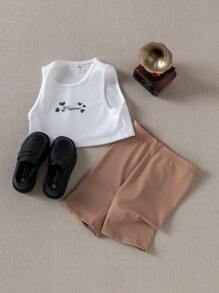 PrepCrw Young Girls Academy Style White Letter Print Knitted Camisole And Shorts Set, Summer Cute Back To School Outfits Young Girl Clothes For School - White - View 4
