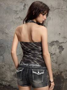 ROMWE J-Fashion 夏季海滩毕业复活节音乐会纳什维尔音乐节格子复古亚文化时尚网格网眼修身挂脖背心女式 - 棕色 - 查看 2