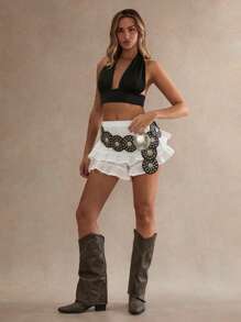 Glamine 女式白色荷叶边下摆沙滩短裤，高腰夏季休闲可爱女牛仔，时尚海岸乡村音乐会节短裤，假期户外西部派对下装，性感波西米亚风复古女式夏季，7 月 4 日独立日乡村西部，街头牛仔节造型节日音乐会乡村音乐会 - 白色 - 查看 6