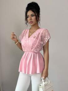 Elenzga New Chiffon Floral Cutout Casual Elegant Date Style Tie-Up Versatile Blouse For Women, Spring/Summer - Baby Pink - View 3