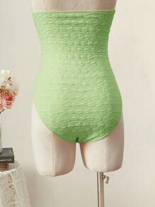 SHEIN MOD 领口系带腰部褶饰提花粉色连体泳衣，适合海滩度假和温泉 - 綠色 - 查看 4