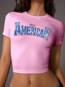 INAWLY 紀念日 T 恤，返校季，千禧風格短款上衣; Y2K 粉色字母印花圓領 T 恤，7 月 4 日女裝 - 粉色 - 查看 3