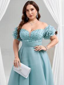 Coutiva فستان سهرة أنيق للنساء كبيرات الحجم، ذو كتف منسدل، مربعات ساخنة مرصع بالراين، كتف مكشوف، بأكمام قصيرة منتفخة، تنورة متموجة، مناسب لحفلات عيد الميلاد وحفلات التخرج والعشاء. فستان سهرة مزين بالترتر والدانتيل الأزهار والتجاعيد والكشكشة والساتان، مناسب للسهرات الرسمية وحفلات الزفاف وعيد الحب - أخضر - مشاهدة 8