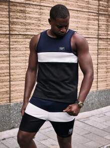 Manfinity VCAY Conjunto de shorts holgados casuales diarios de hombre con cordón en la cintura, pernera recta y parches - Multicolor - Ver 1