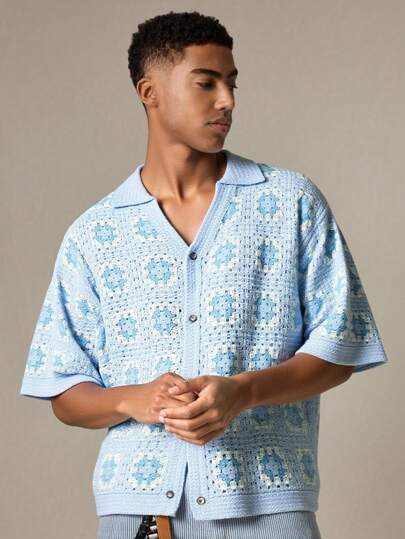 Manfinity VCAY Men's All-Over Print Short Sleeve Single Breasted Loose Knit Casual Top