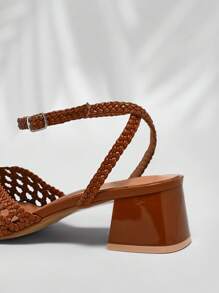 SHUZIA Ladies Crochet Raffia Chunky Heels With Ankle Strap - Brown - View 5