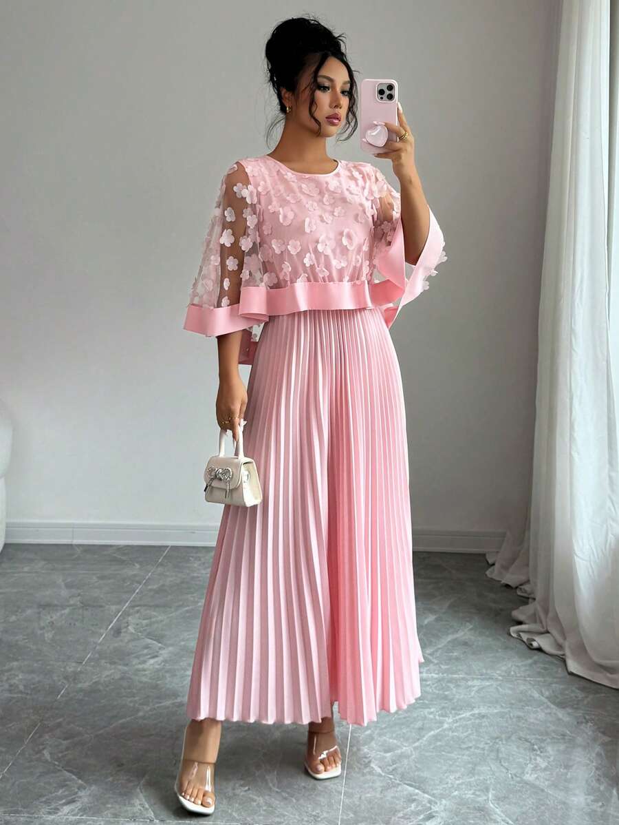 Elenzga Women's 3D Floral Mesh Patchwork Dress, Suitable For Wedding, Birthday Party, And Other Occasions, Autumn - Pink - View 1