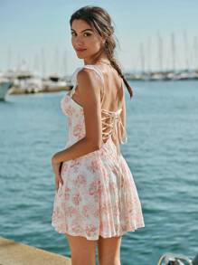 Enchnt 女式夏季优雅花卉蕾丝细肩带迷你连衣裙 - 杏色 - 查看 3