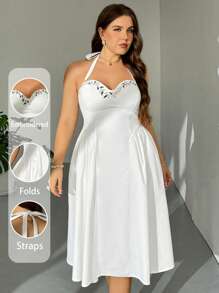 Firerie Plus Size Elegant Simple Delicate Romantic Sweet Lady Valentine's Day Wedding Season Beach Vacation Everyday Embroidered Floral High Waist Pleated A-Line Midi Dress, White Bustier Halter/Valentine's Day/Concert/Performance Costumes/Dating/Senior Banquet/Dance/Wedding Season/Sexy/Elegant/Commuting/Back To School Season/Vacation/Beach/Elegant Romance/Office Enchantress/Siren Style/Birthday Party Outfits - White - View 5
