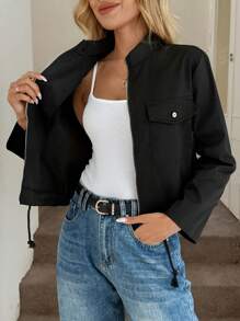 Easowa 女式拉鍊扣翻邊短罩衫 - 黑色 - 查看 3