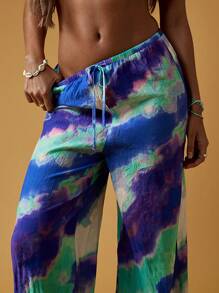 MISSGUIDED Wide Leg Resort Palazzo Pants Watercolor Print Beach Lounge Pants Comfortable Drawstring Lightweight Summer Wear - Blue - View 4