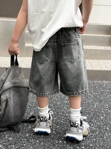 SHEIN Young Boy Summer Retro Vintage Washed Cat Whiskers Loose Fit Denim Bermuda Shorts, Spring Summer Clothes Streetwear And Spring Break