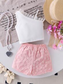 Baby Girls Cute Stylish Asymmetrical Shoulder Floral Decor Top With Pair Of Pink Bow Elastic Waist Shorts Set, Summer-Autumn Baby Girl Clothes Baby Girl Summer Clothes Baby Girl Shorts Set Toddler Girl Summer Outfit 2 Piece Baby Girl Set