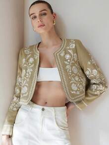 Aveloria Modichic Stylish Unique High-End Colorblock Short Jacket For Women, Featuring Elaborate Embroidery Pattern And Round Neck, Versatile Design