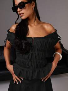 Athîral 女式休闲纯色露肩系带衬衫，夏季