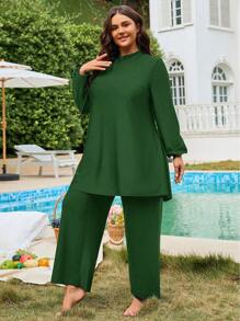Swim Mulvari Bộ đồ bơi Burkini màu trơn cổ đứng cho nữ cỡ lớn và quần dài tay - Màu xanh lá cây đậm - Xem 3