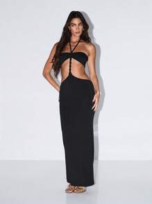KIZN Robe longue d'été avec décolleté ras-du-cou, robe de soirée longue pour fête, robe de longueur sol avec design torsadé à l'avant, tenue élégante et habillée - Noir - Voir 1