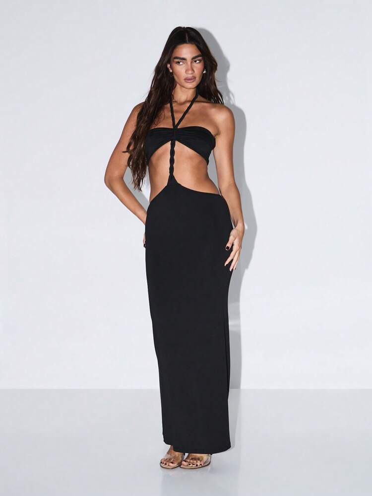 KIZN Vestido largo con cuello halter recortado y diseño frontal torcido