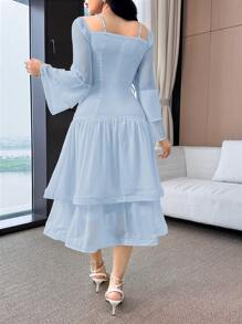 Modelyn Women's Casual Solid Color Ruched Waist Mid-Length Dress - Blue - View 5