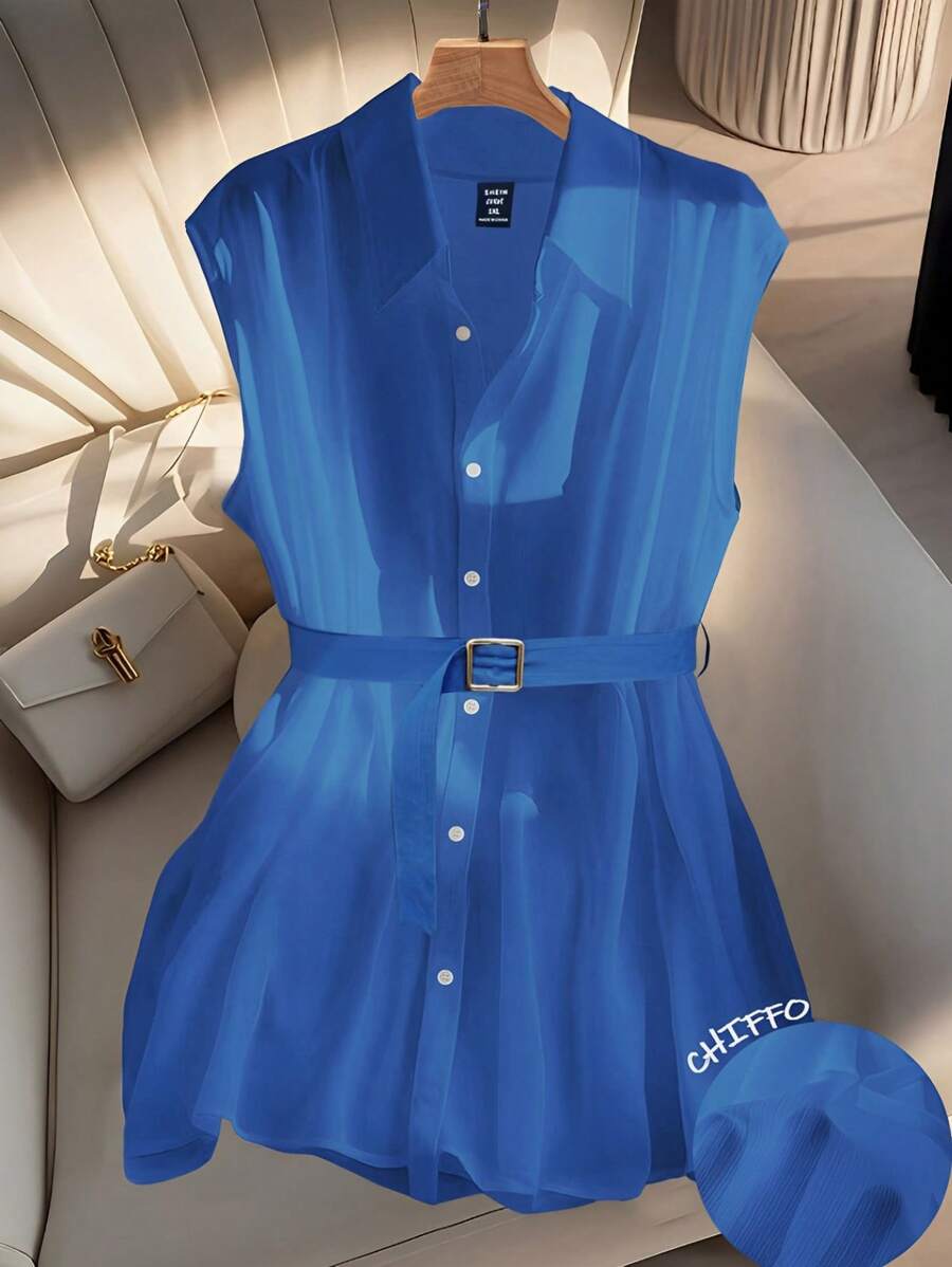 SHEIN Clasi Large-Sized Elegant Vacation Sleeveless Summer Shirt - Blue - View 1