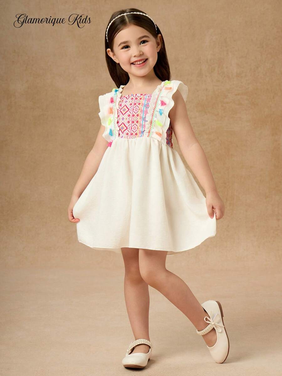 Glamorique Kids Đầm tay lửng in tua rua dễ thương cho bé gái đi nghỉ mát thoải mái - trắng - Xem 1