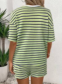 SHEIN LUNE 2pcs Women Summer Casual Stripe T-Shirt And Shorts Set Striped Two Piece Set Two Piece Lounge Set Summer Lounge Set Comfortable Two Piece Set Striped Shorts Set