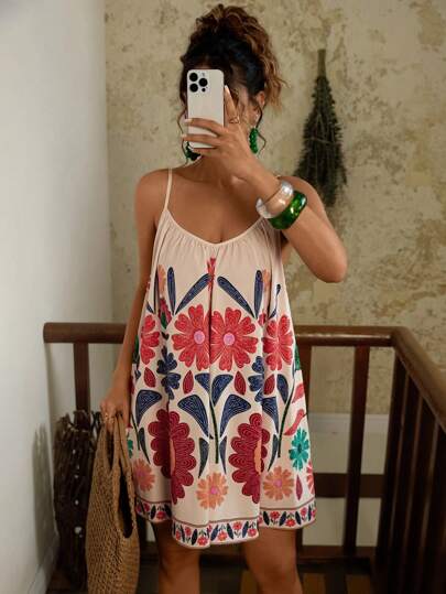 Travachic 大码女式休闲度假热带花卉印花露背系带宽松口袋连体裤