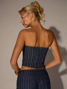 SHEIN Forever 21 Summer New Strapless Striped Denim Crop Top, Sexy High Street Style For Ladies - Dark Wash - View 2